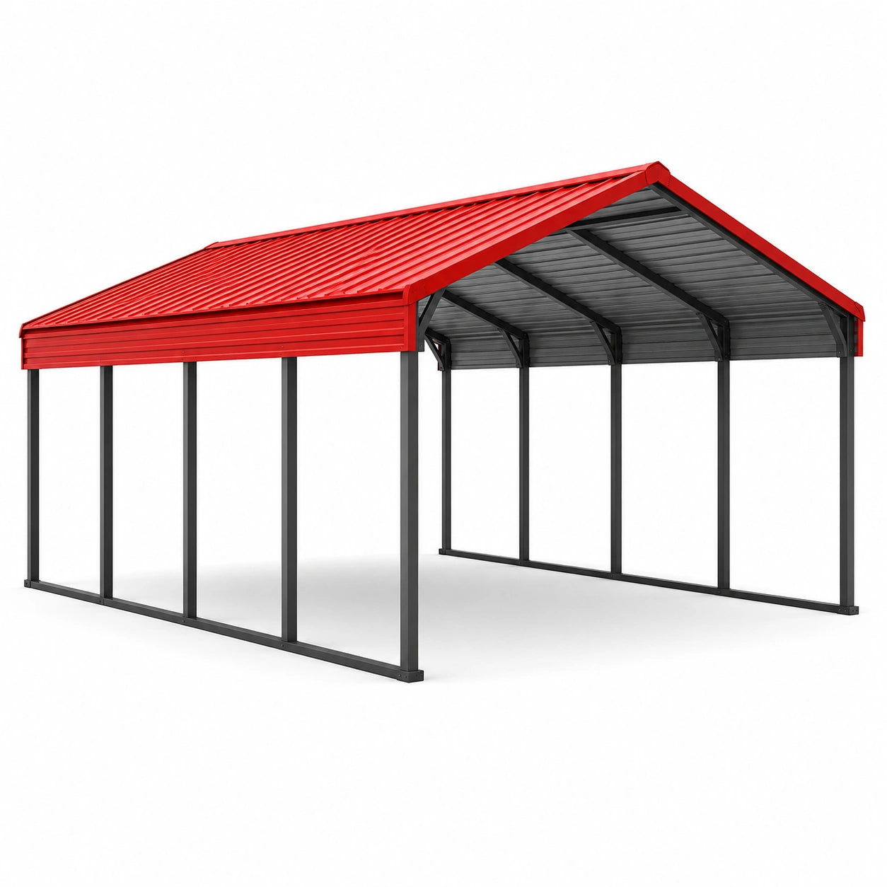 Abri pour deux véhicules en acier rouge et anthracite avec toit à deux pans, 600 × 600 × 300 cm