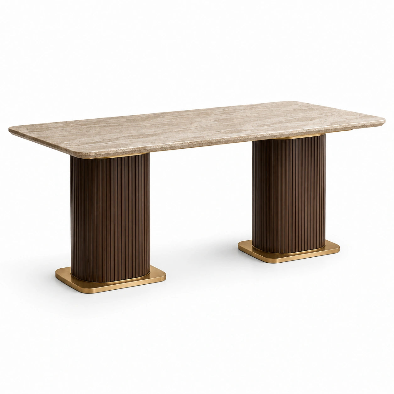 Table à manger rectangulaire 180 × 90 × 75 cm, effet marbre beige, pieds cannelés marron et finitions dorées