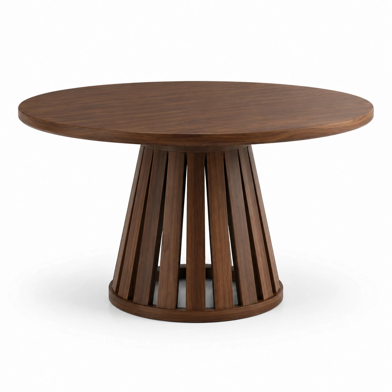 Table à manger ronde en bois brun noyer, Ø 120 × H 76 cm, piètement central ajouré