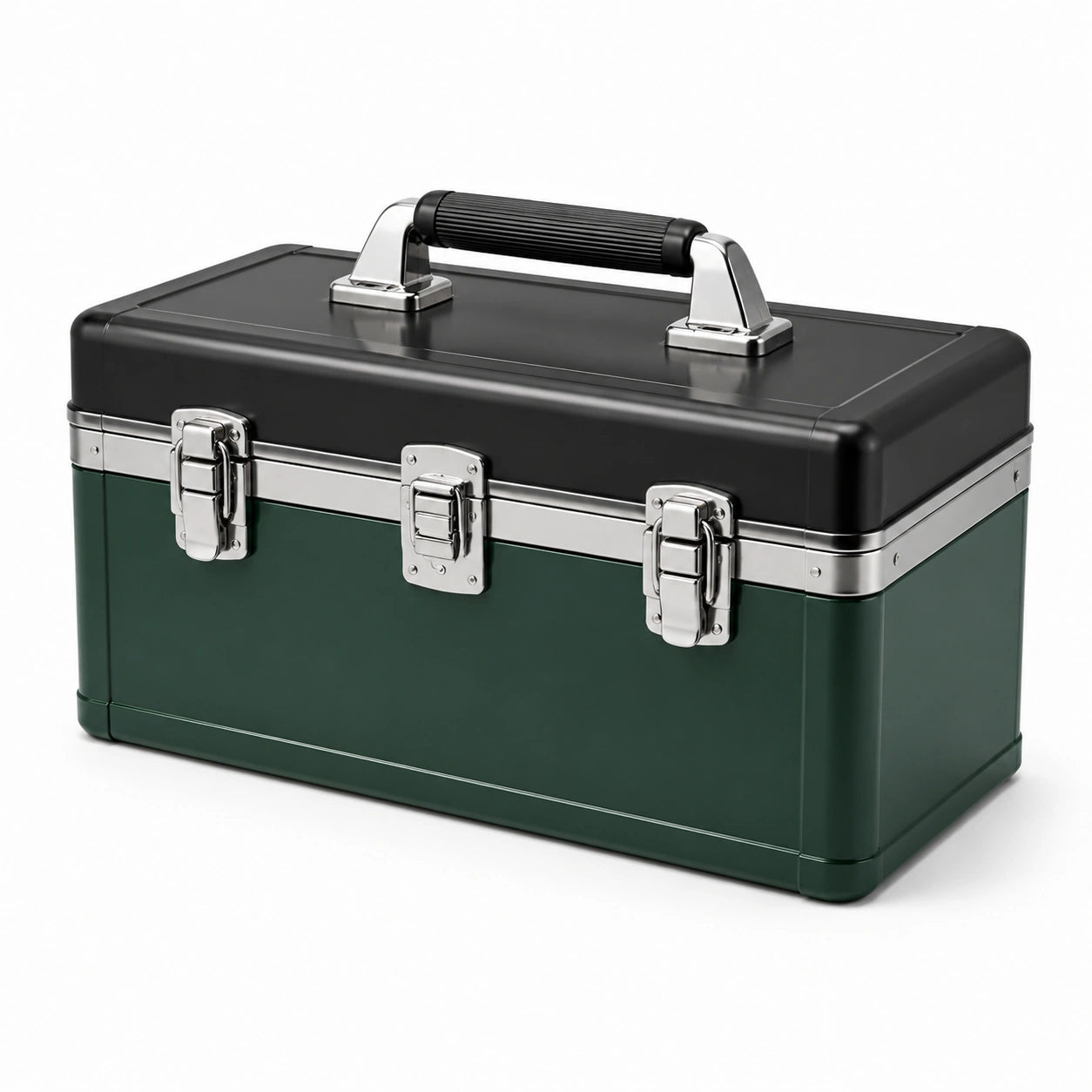 Boîte à outils métallique vert foncé et noire 45 × 20 × 25 cm avec poignée et fermetures argentées