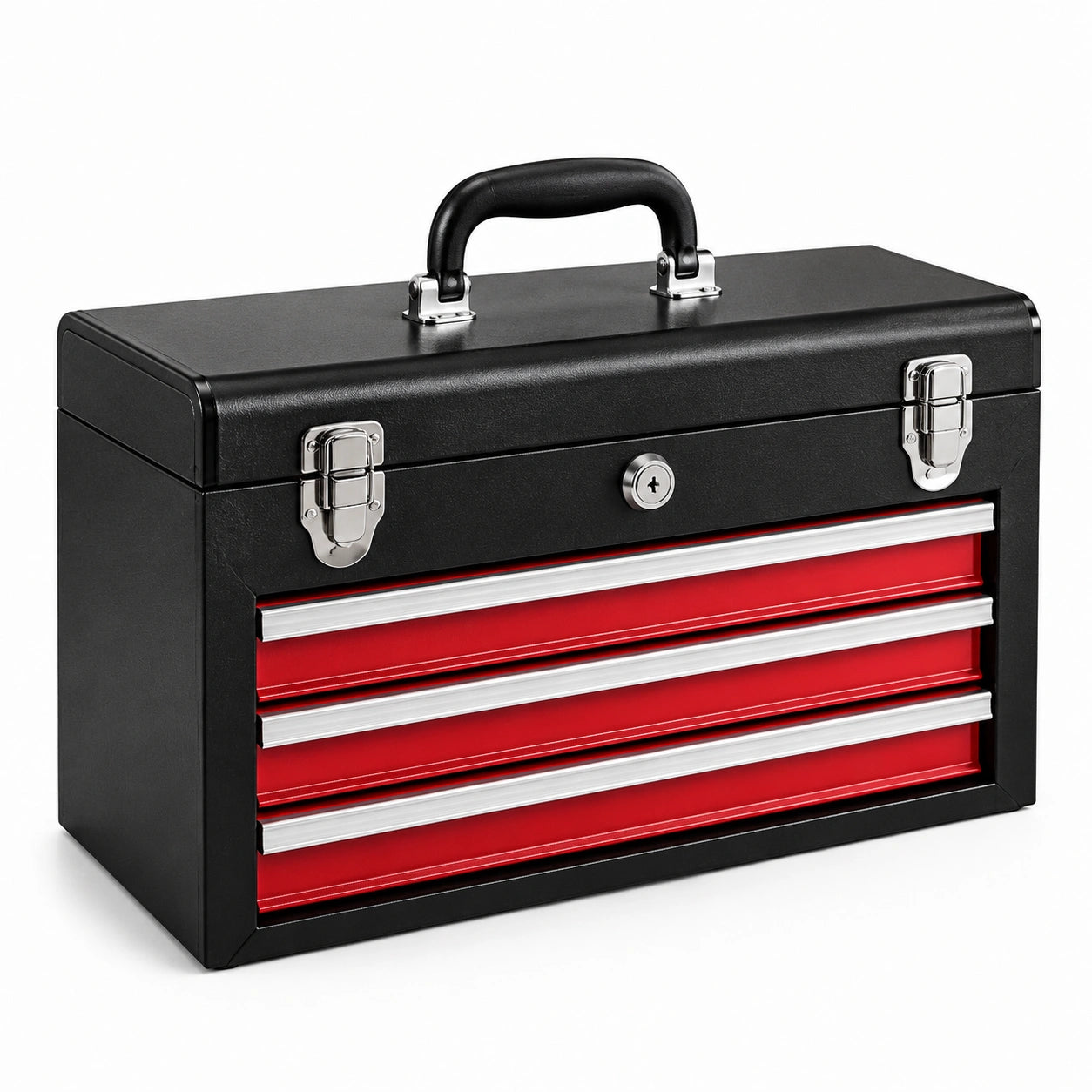 Coffre à outils verrouillable en acier noir, rouge et argenté avec 3 tiroirs, 52 × 22 × 35 cm