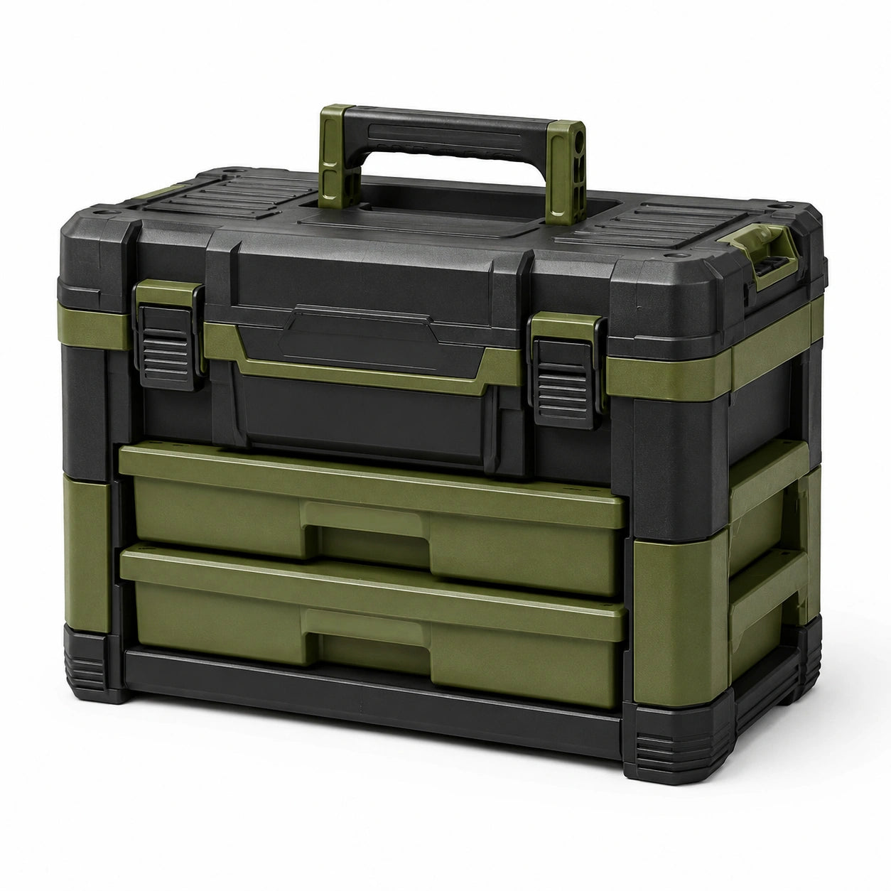 Boîte à outils portable en plastique noir et vert olive avec 2 tiroirs, 56 × 37 × 44 cm