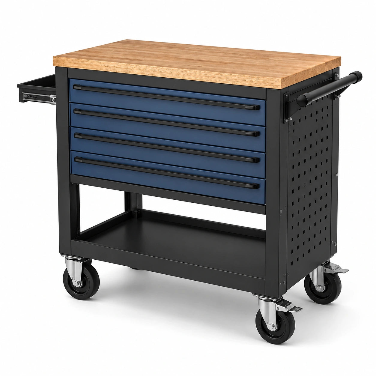 Servante d’atelier mobile bleu et noir avec plateau en bois, 5 tiroirs et roulettes, 85 × 48 × 90 cm