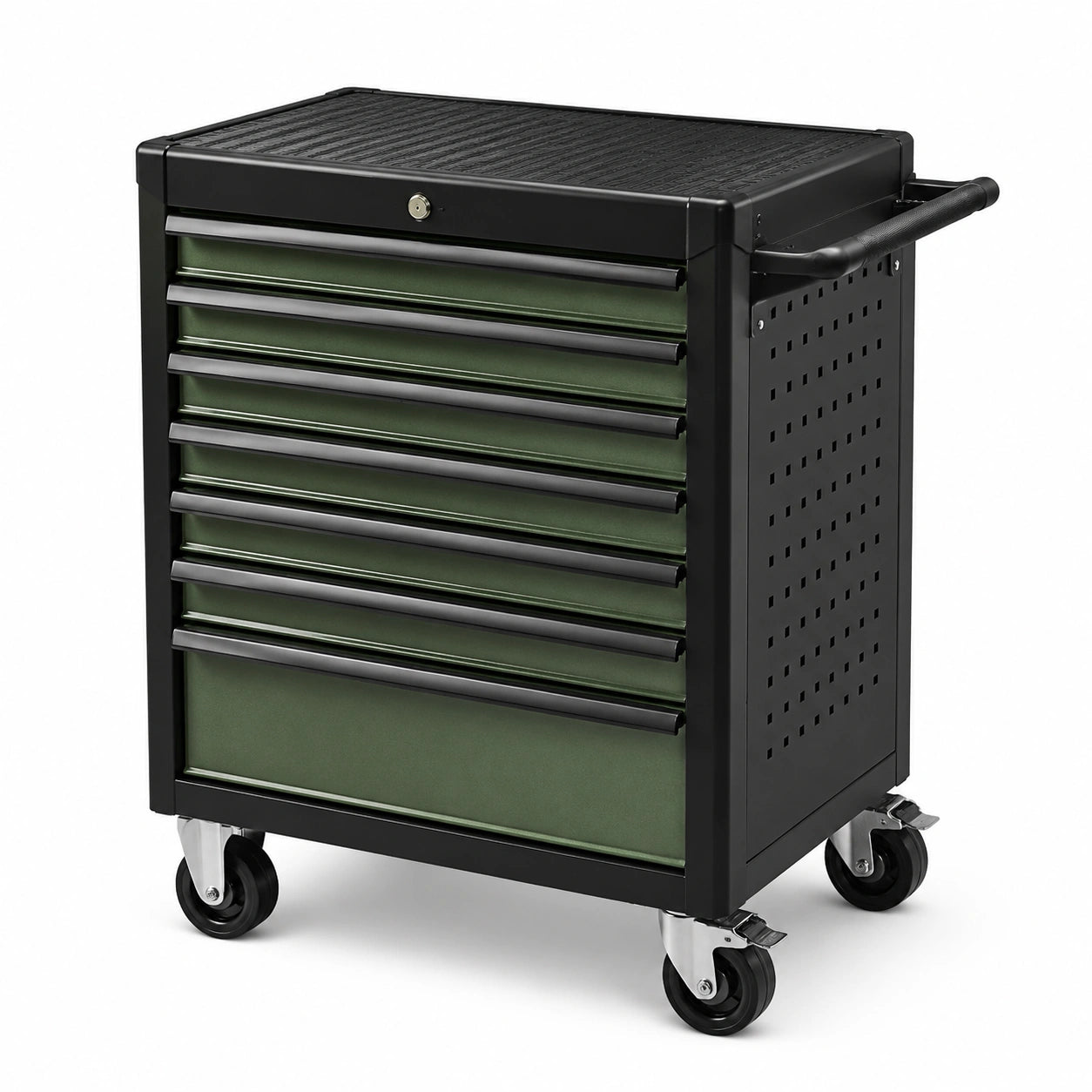 Servante d’atelier mobile verrouillable à 7 tiroirs en acier noir et vert foncé, 77 × 46 × 94 cm