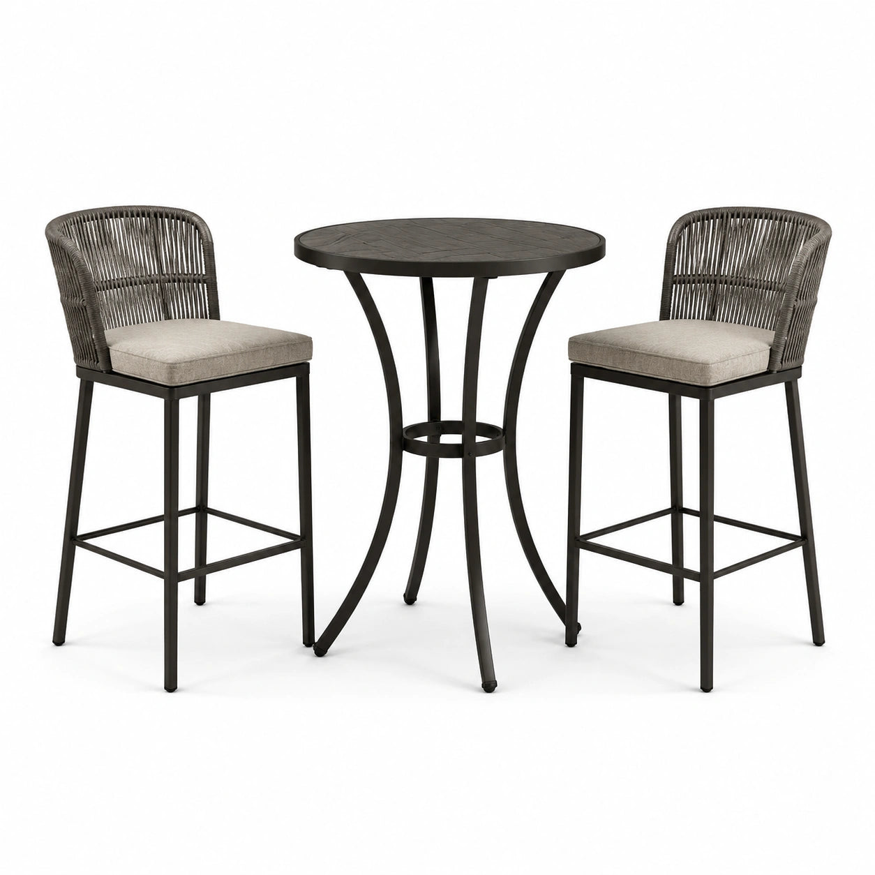 Ensemble de jardin 3 pièces noir, gris et beige avec table haute ronde Ø 90 × 95 cm et 2 tabourets 55 × 58 × 105 cm