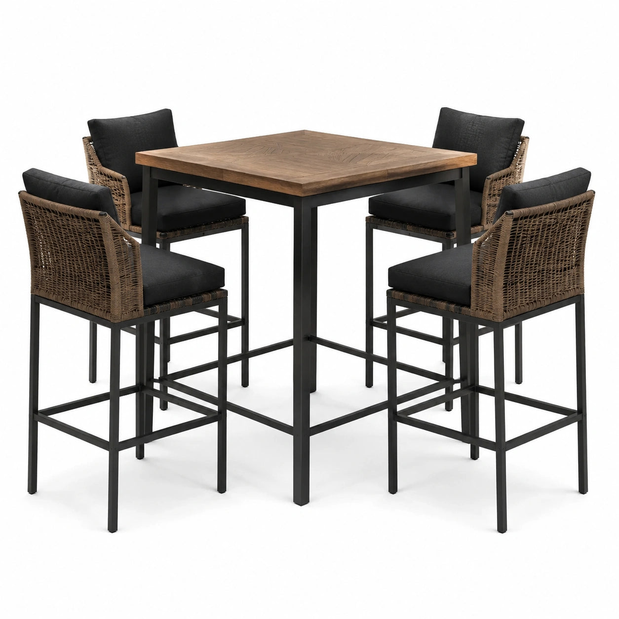 Table haute carrée 100 × 100 × 91 cm avec 4 chaises 56 × 60 × 102 cm, brun et noir