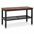 Établi industriel avec étagère grillagée, plateau effet bois marron et structure en acier noir, 120 × 60 × 90 cm