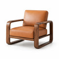 Fauteuil rétro contemporain en bois brun et revêtement cognac avec accoudoirs, 76 × 82 × 78 cm