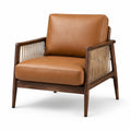 Fauteuil rétro moderne 75 × 80 × 85 cm, aspect cuir marron cognac, bois noyer et cordage beige