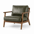 Fauteuil rétro en bois brun avec revêtement aspect cuir vert olive, 78 × 82 × 82 cm