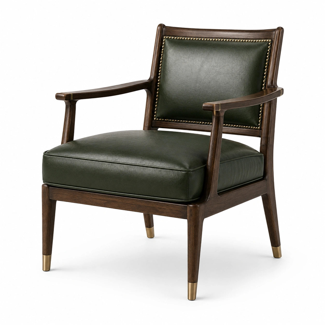 Fauteuil rétro avec accoudoirs, 70 × 76 × 82 cm, bois marron et revêtement vert foncé