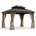 Tonnelle de jardin en bois brun et métal anthracite avec rideaux beiges, 400 × 300 × 320 cm