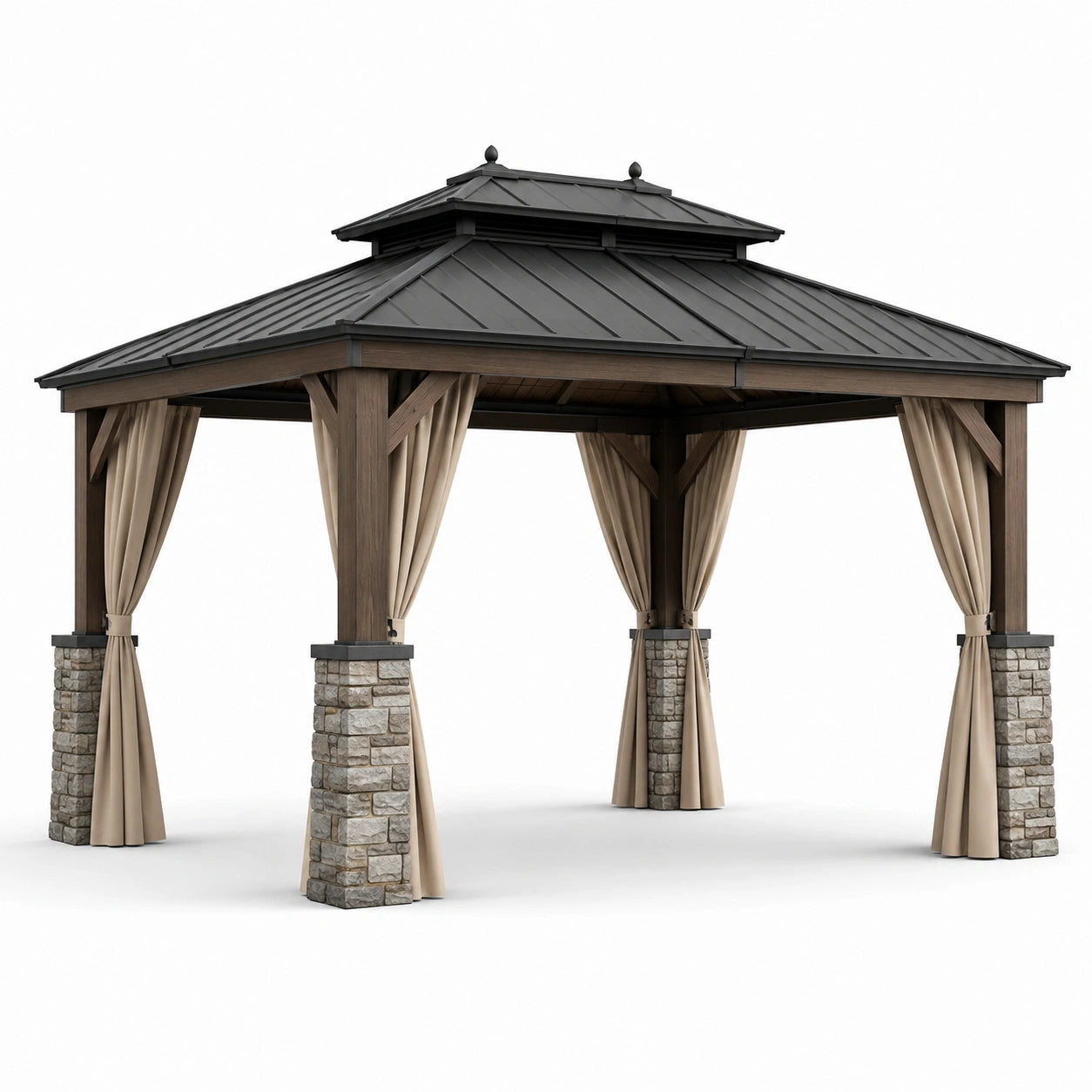 Tonnelle de jardin en bois brun et métal anthracite avec rideaux beiges, 400 × 300 × 320 cm