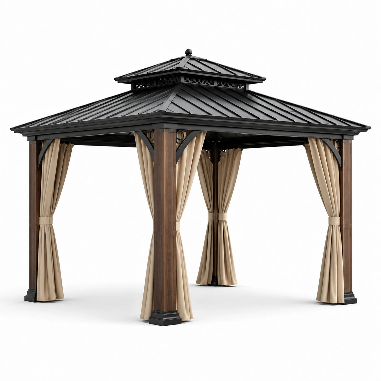 Pergola de jardin 300 × 300 × 300 cm, structure marron, toit rigide noir à double niveau et rideaux beiges