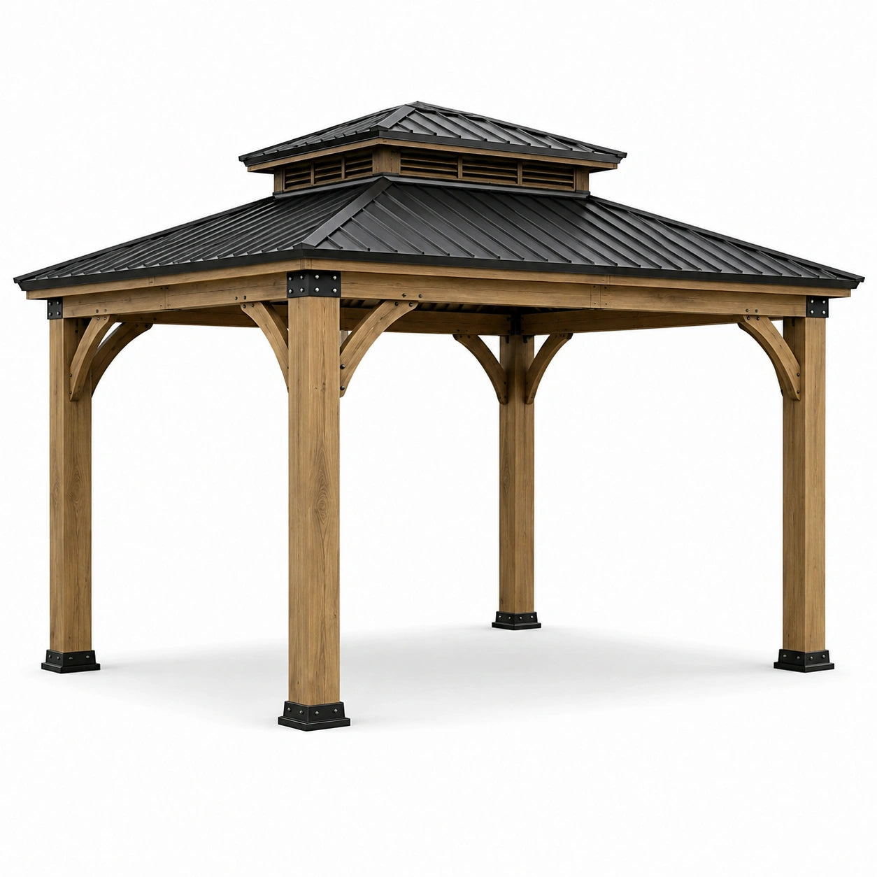 Pavillon de jardin en bois marron et acier noir avec toit rigide ventilé, 488 × 366 × 330 cm