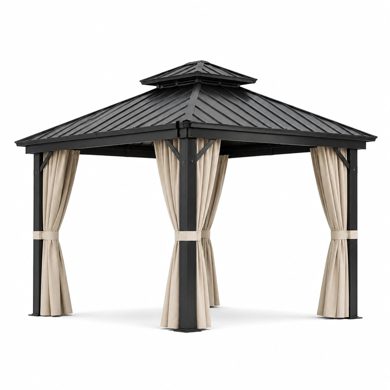 Tonnelle de jardin 300 × 300 × 290 cm avec toit rigide anthracite et rideaux beiges