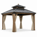Pavillon de jardin en bois brun et métal anthracite avec rideaux beiges, 430 × 370 × 320 cm