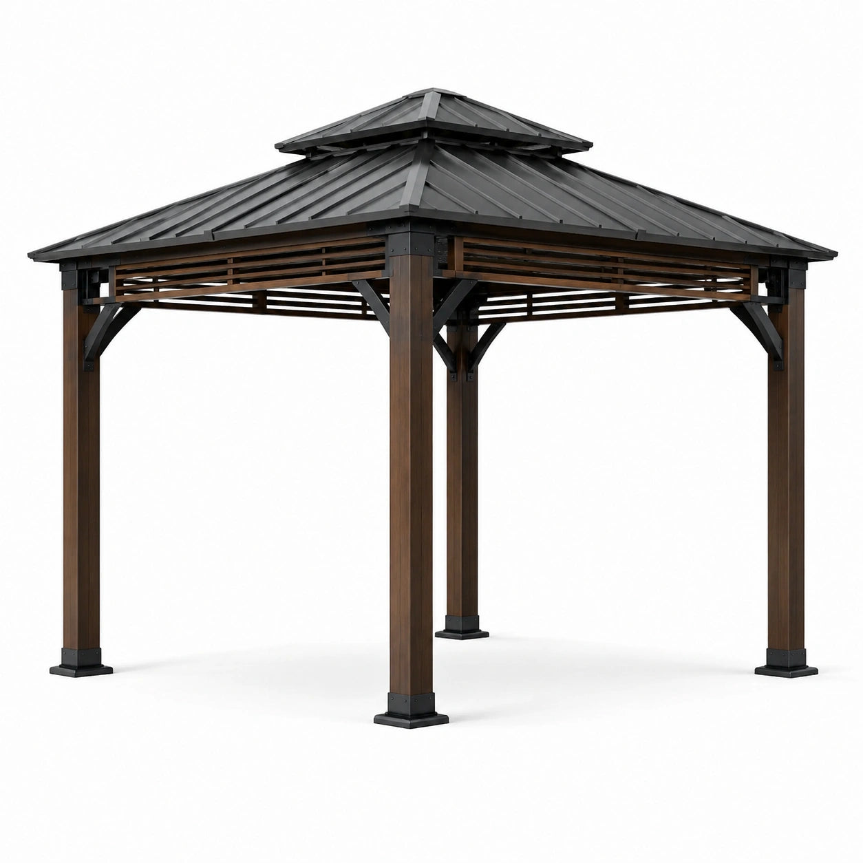 Pergola de jardin en bois brun et métal noir 300 × 300 × 290 cm avec toit rigide à double niveau