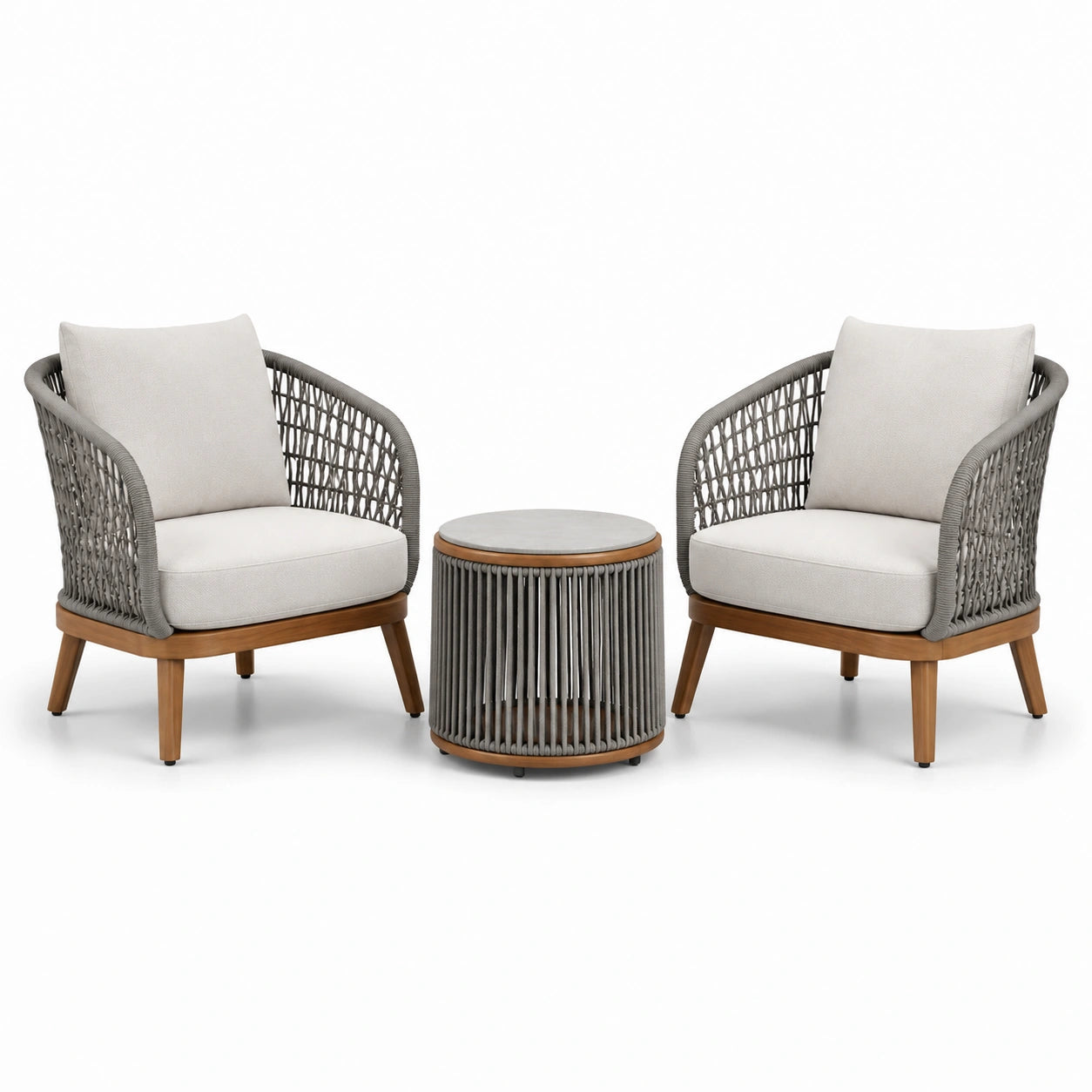 Salon de jardin 3 pièces gris taupe et bois naturel, 2 fauteuils 76 × 78 × 85 cm et table ronde Ø 58 × 49 cm