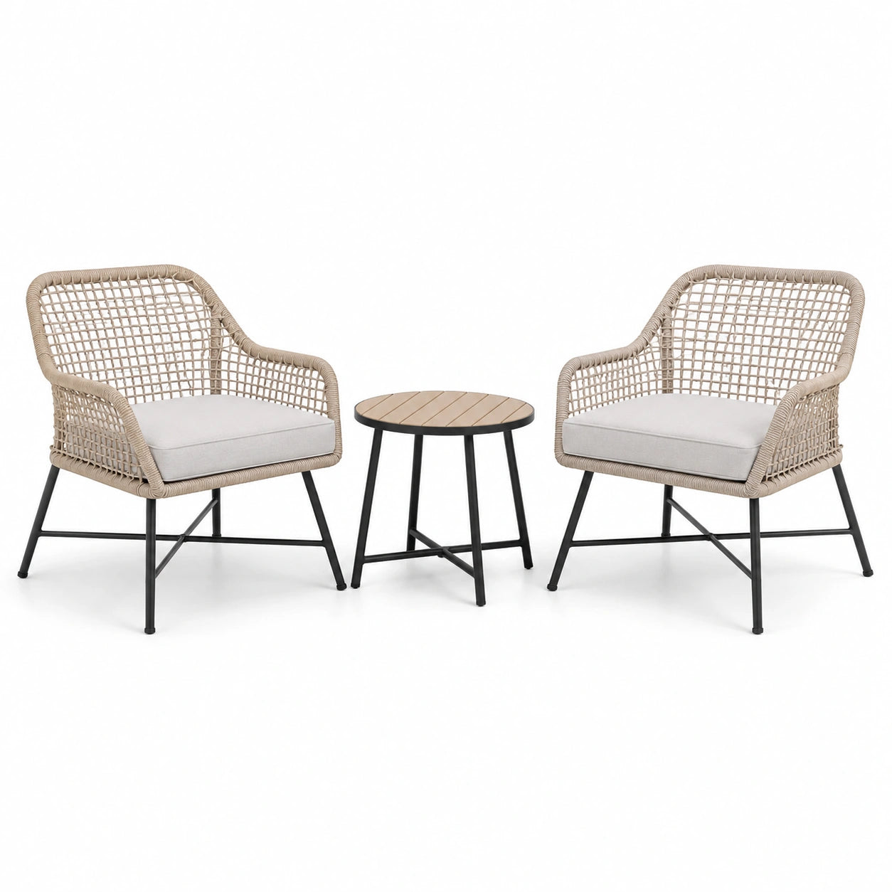 Ensemble 3 pièces beige et noir, 2 fauteuils 67 × 70 × 82 cm et table ronde 50 × 48 cm